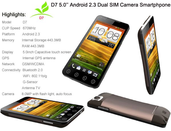 Mofie-Desire D7 3G Android 2.3 tela 5,0 Capacitive Dual SIM